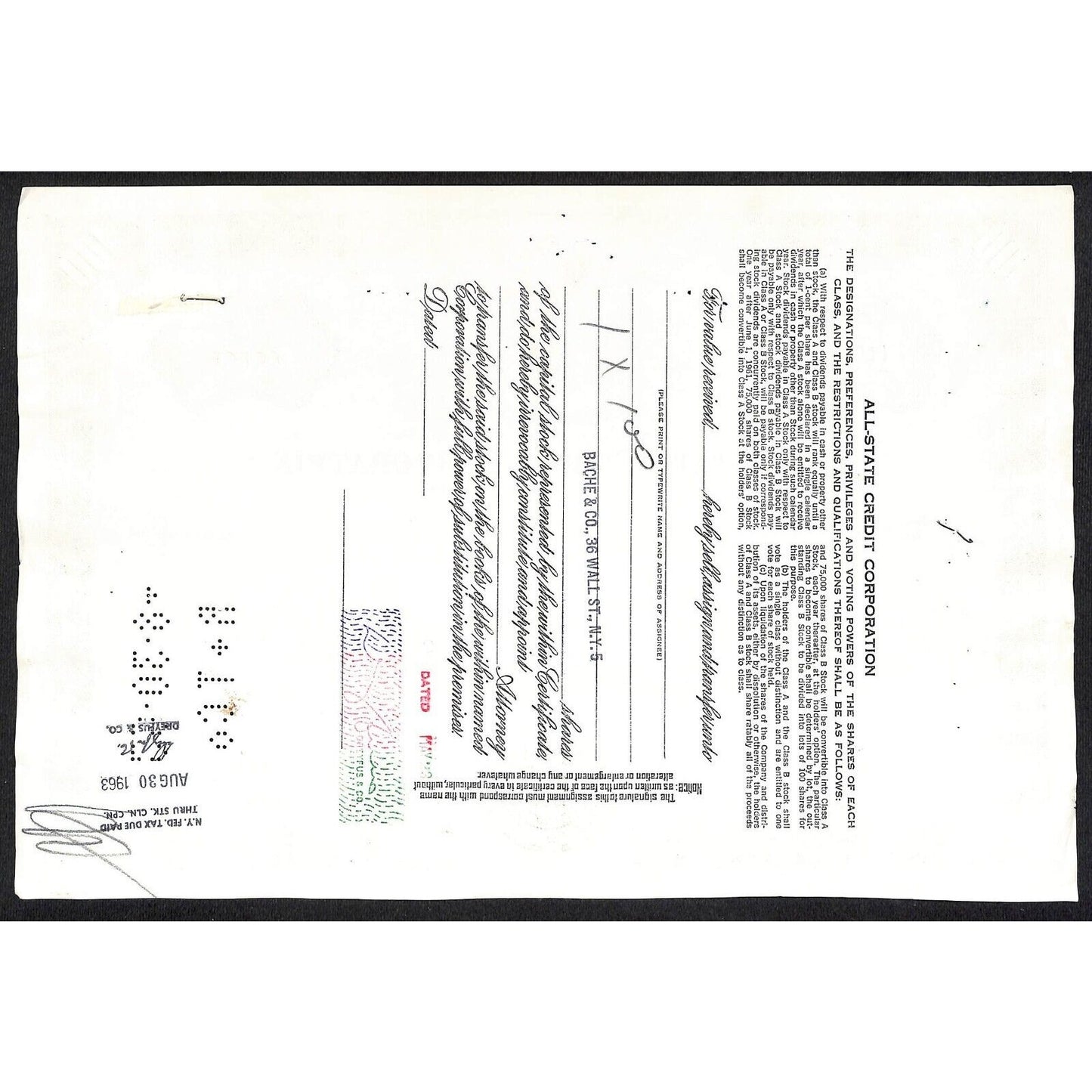 All State Credit Corporation NY 1961 Stock Certificate to: Dreyfus & Co.