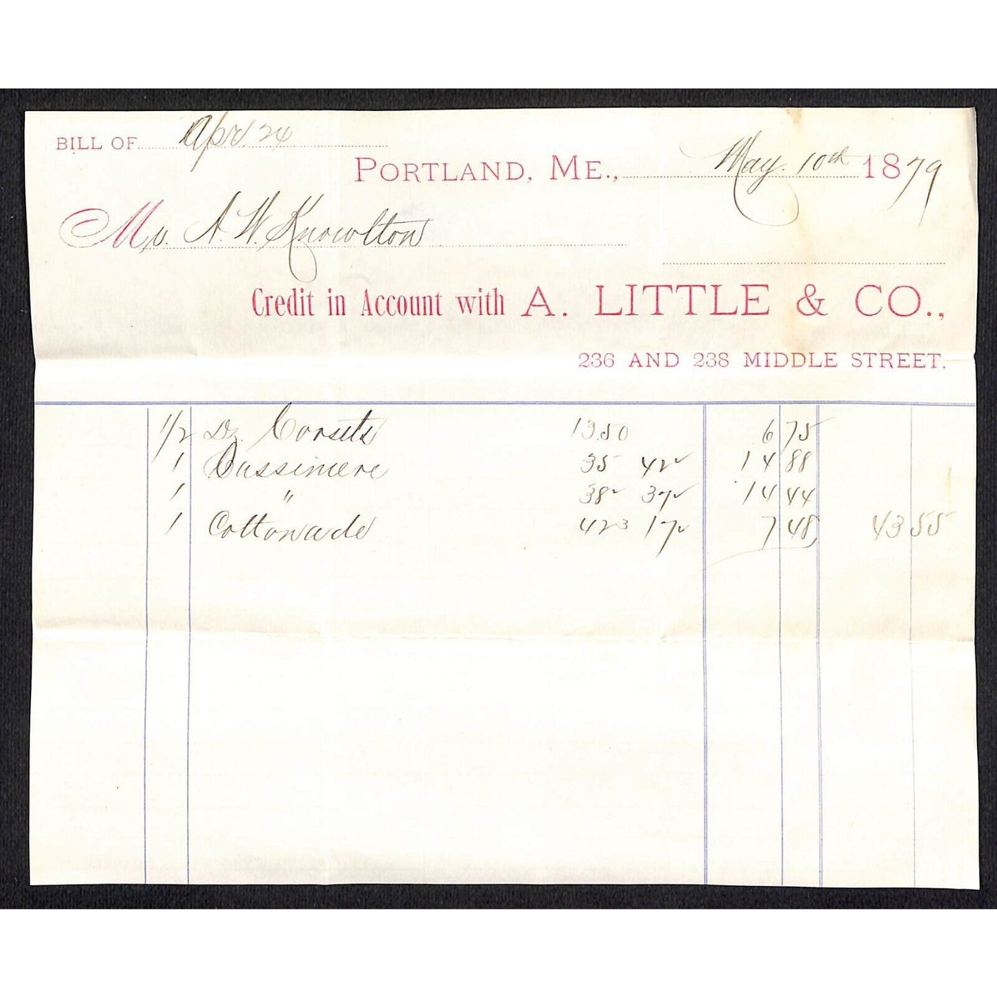 1879 A.W. Knowlton* Newburgh, ME A. Little & Co. Portland Cottonades Billhead