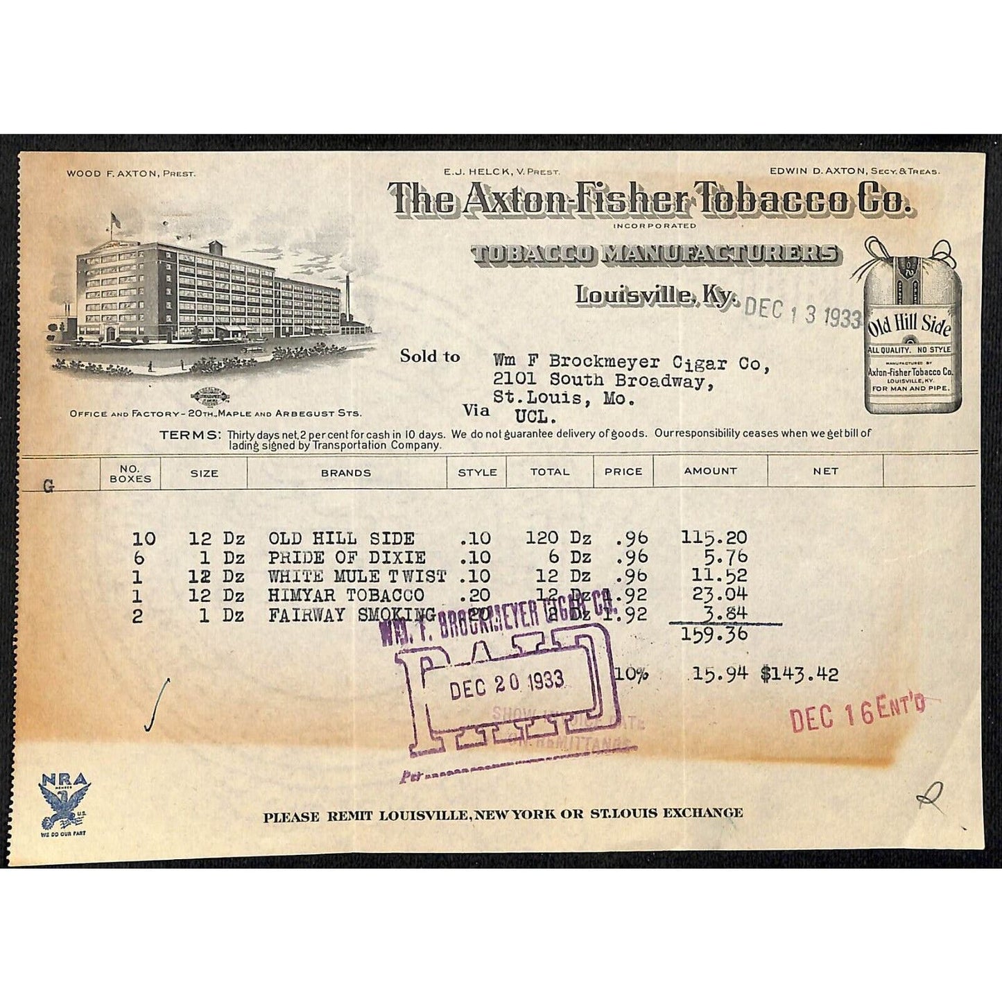 Louisville, KY The Axton-Fisher Tobacco Co. "Old Hill Side" 12/13 1933 Billhead