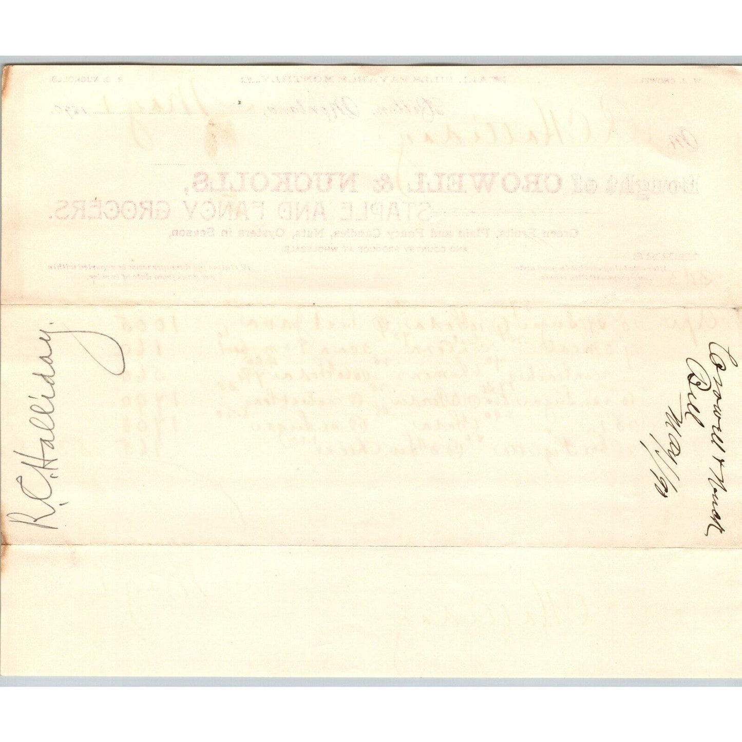 Dillon MT Crowell & Nuckolls May 1890 Billhead Fancy Groceries R.C. Halliday*