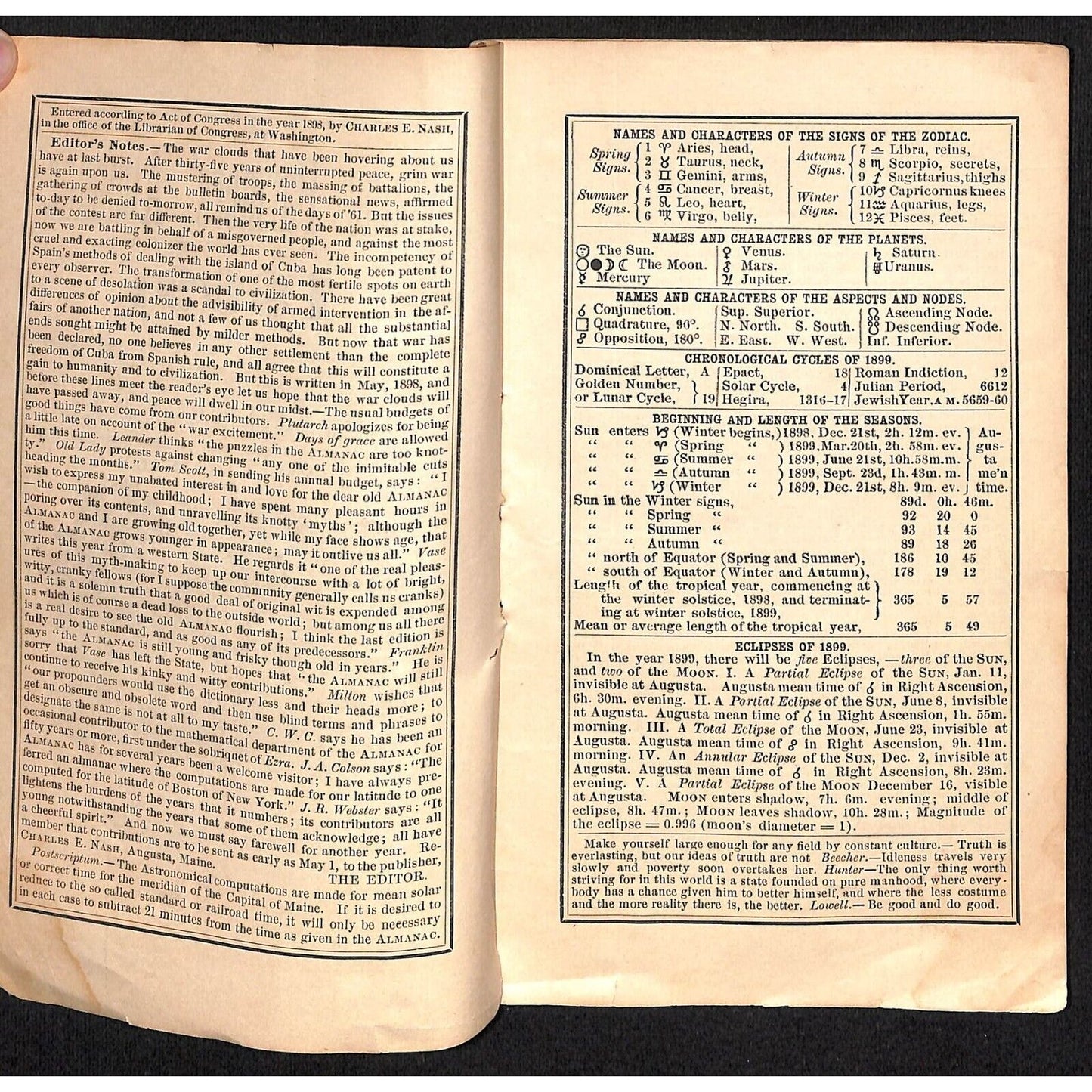 1899 Maine's Farmers Almanac Daniel Robinson Charles E Nash Augusta 46pp Scarce