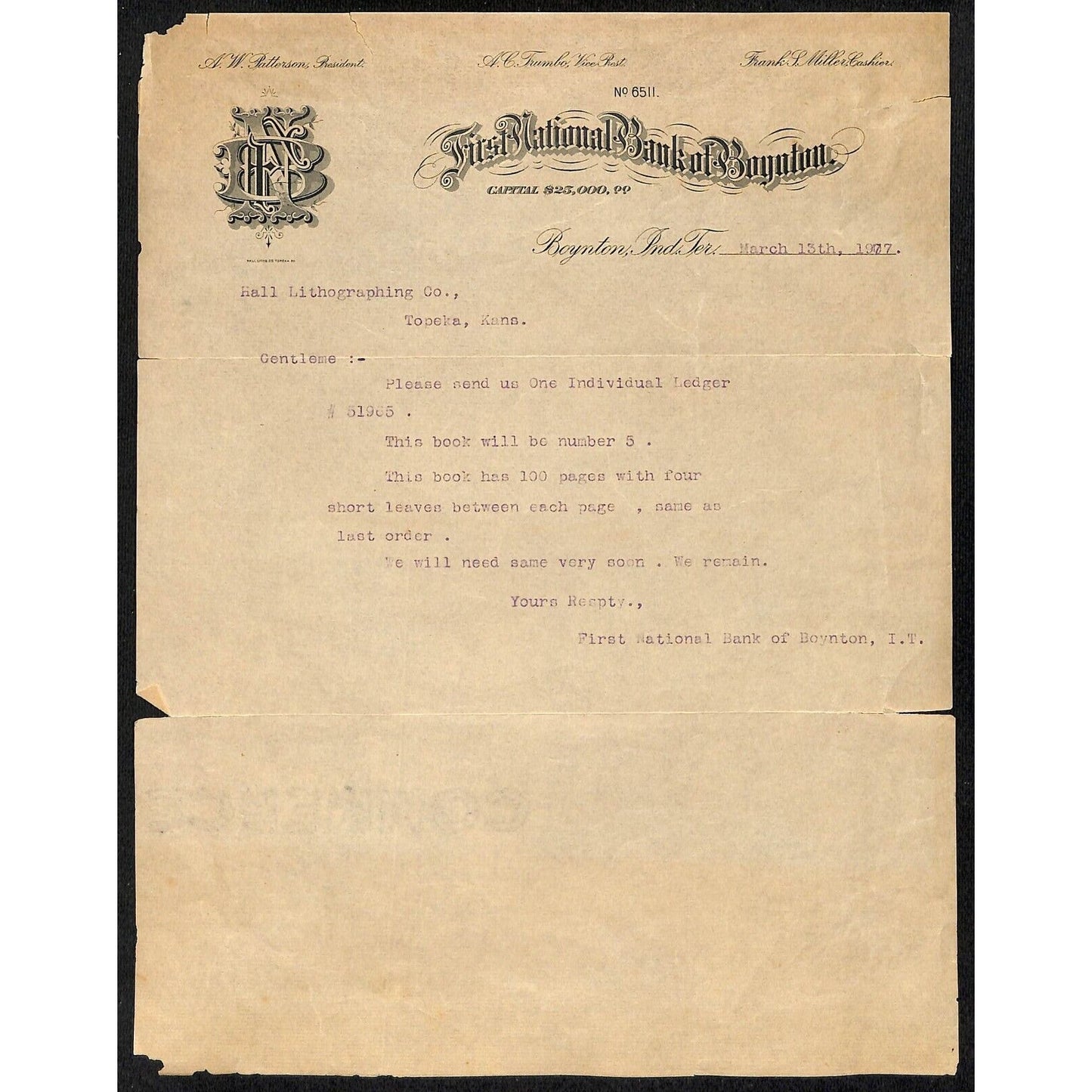 1907 National Bank of Boynton, OK Indian Territory Letterhead w/ Damage