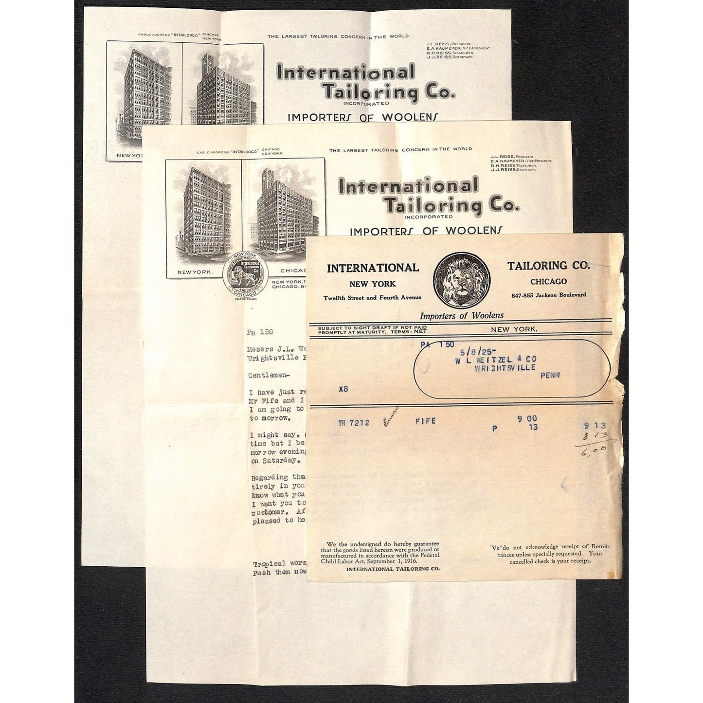 International tailoring Co. 12th St. & Fourth Ave NYC 1925 2 LH Billhead + Cover