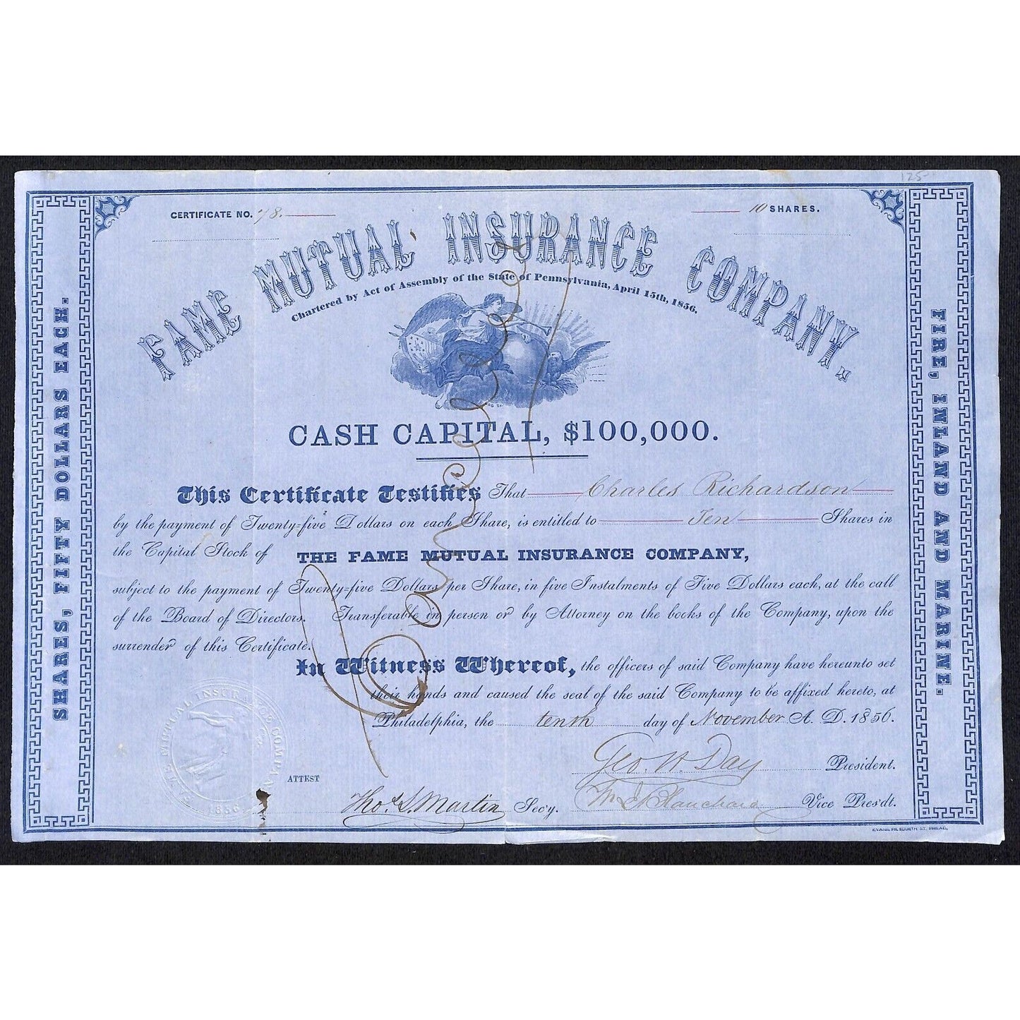 Fame Mutual Insurance Company PA 1856 Stock Certificate Charles Richardson VGC
