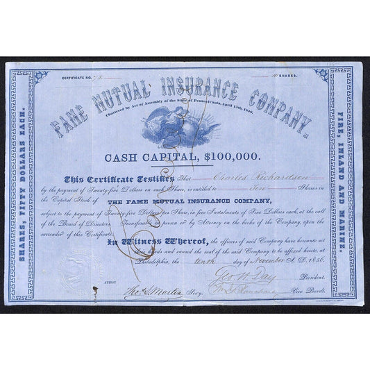 Fame Mutual Insurance Company PA 1856 Stock Certificate Charles Richardson VGC