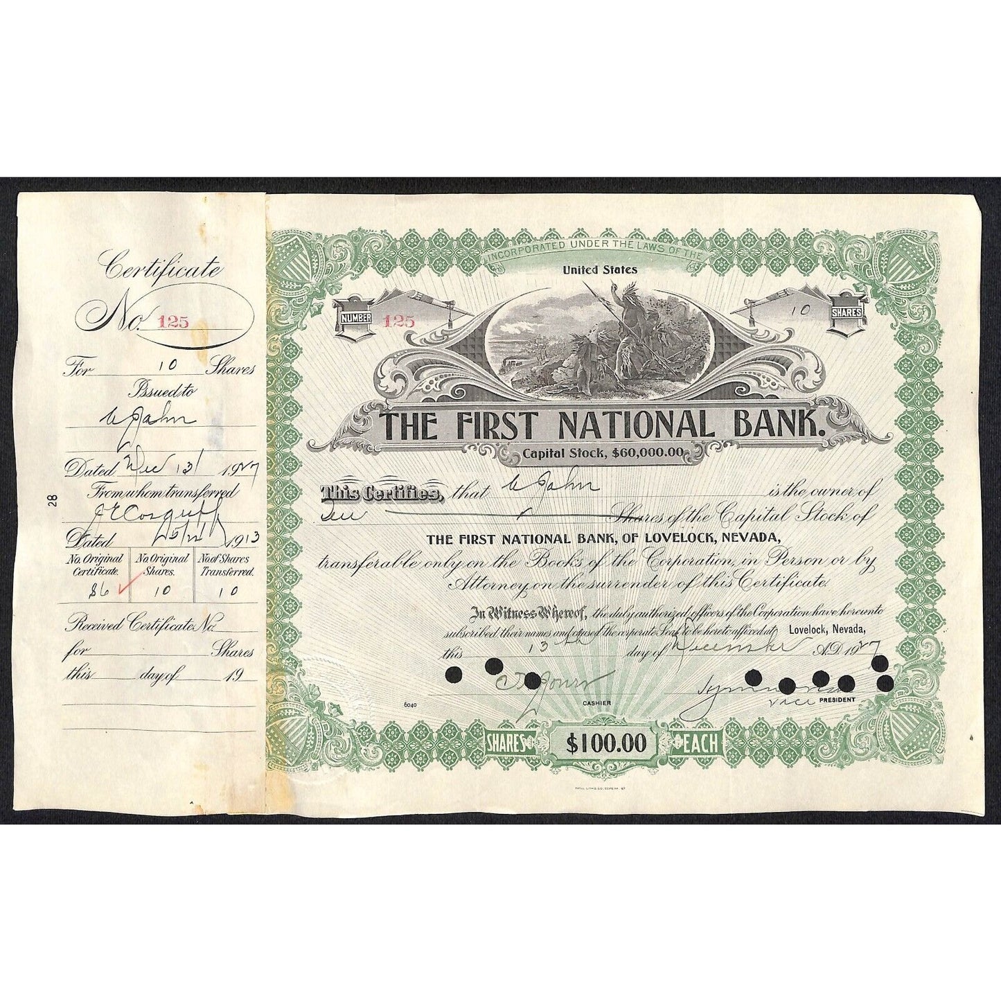 First National Bank of Lovelock, NV 1927 Stock Certificate to A. Jahn