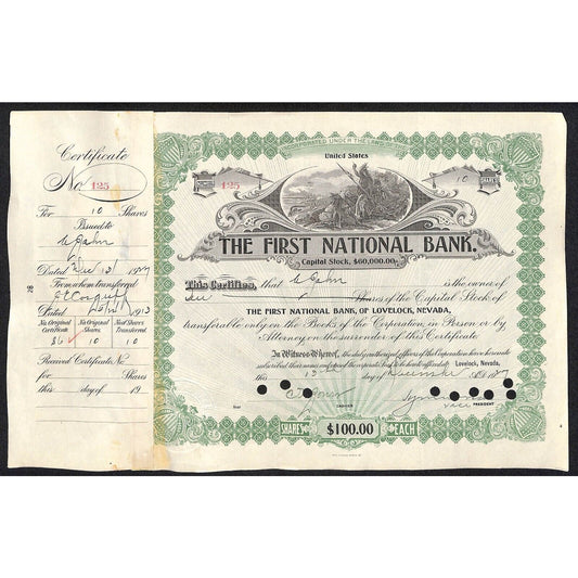 First National Bank of Lovelock, NV 1927 Stock Certificate to A. Jahn