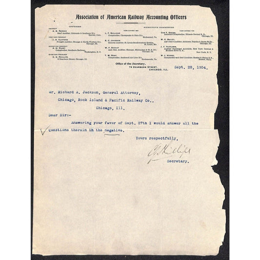 Association of American Railway Accounting Officers 1904 Letterhead