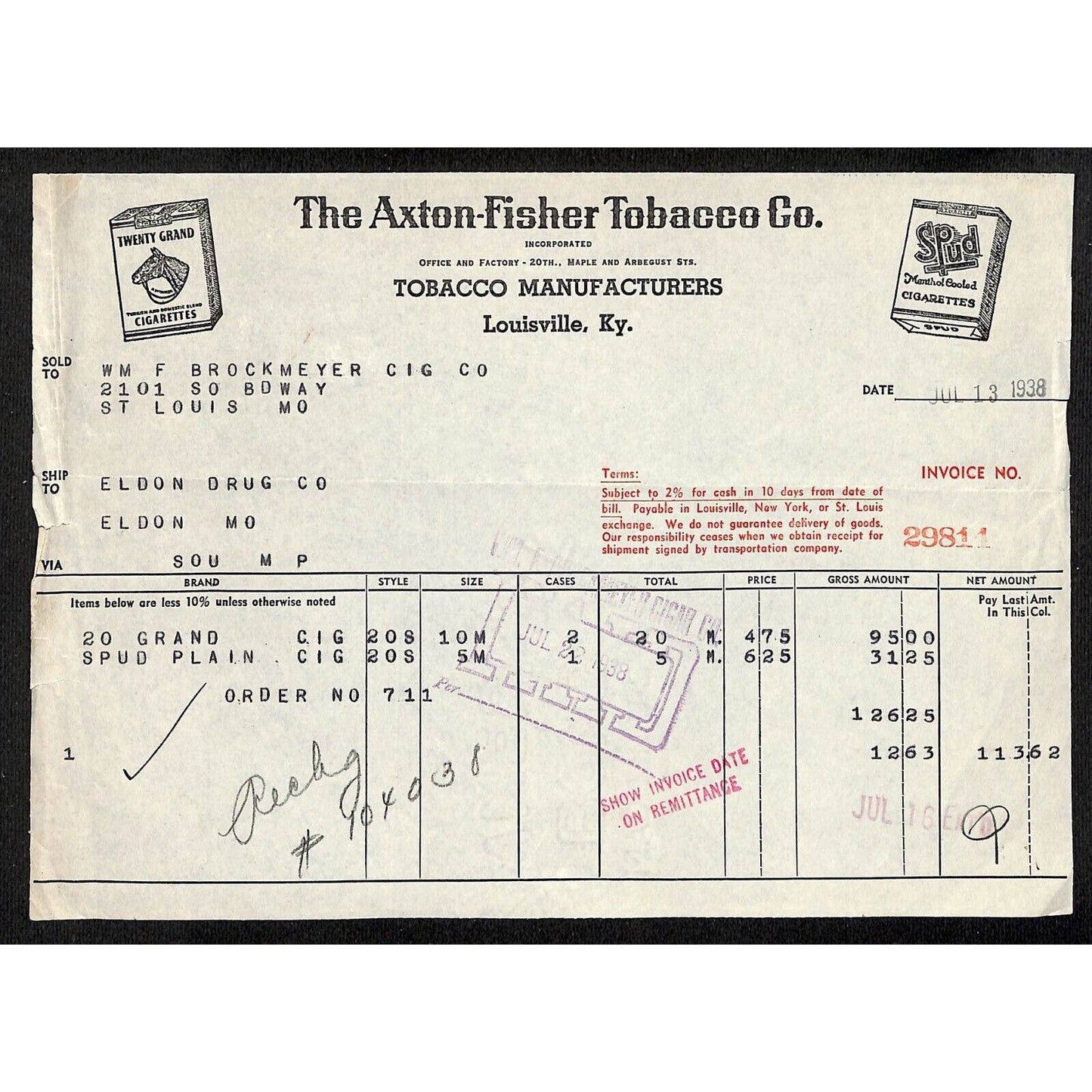 Louisville, KY The Axton-Fisher Tobacco Co. Spud Twenty Grand Jul 1938 Billhead