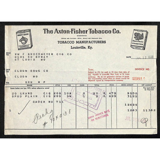 Louisville, KY The Axton-Fisher Tobacco Co. Spud Twenty Grand Jul 1938 Billhead