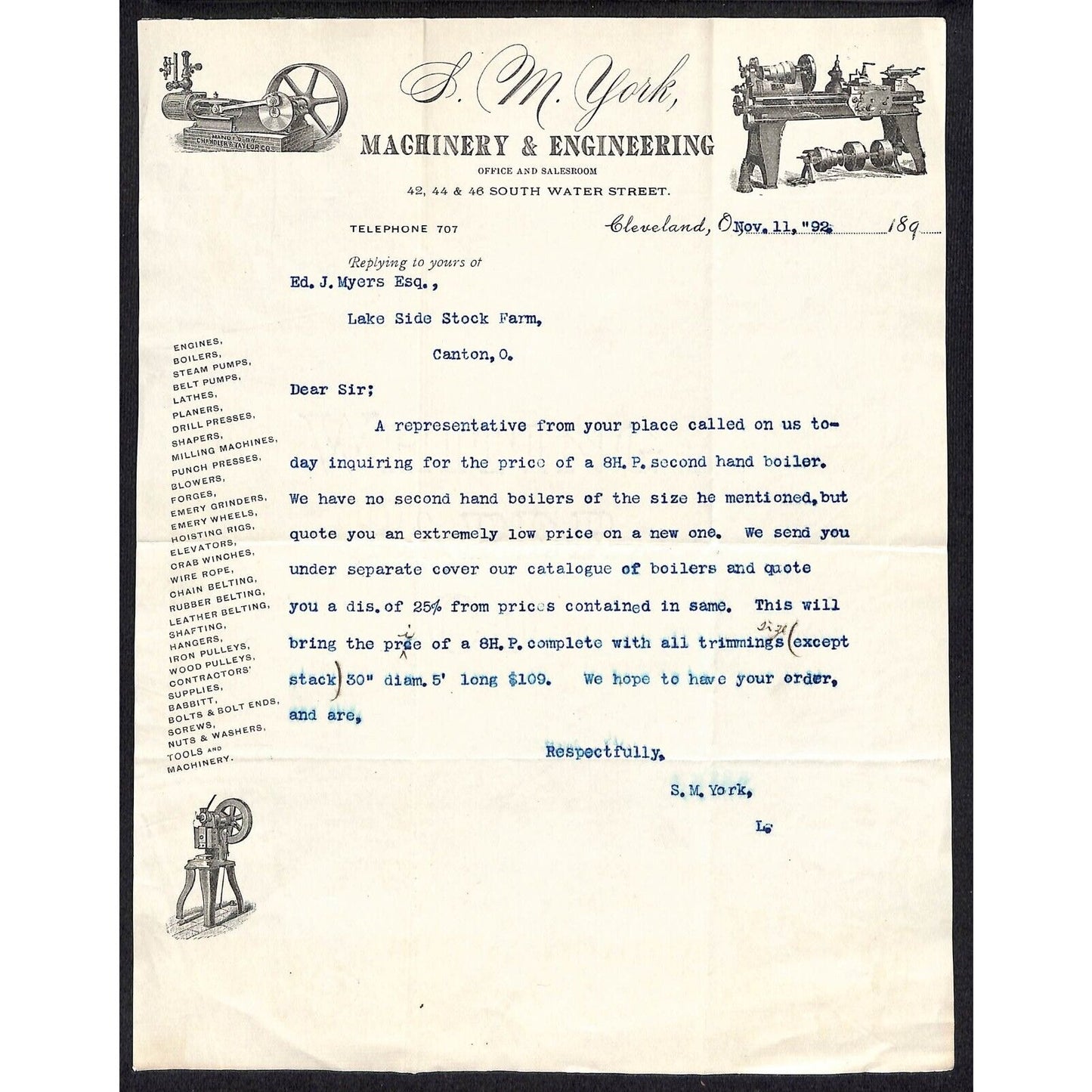 S.M. York Machinery & Engineering Engines Cleveland 1892 Letterhead re: Boiler
