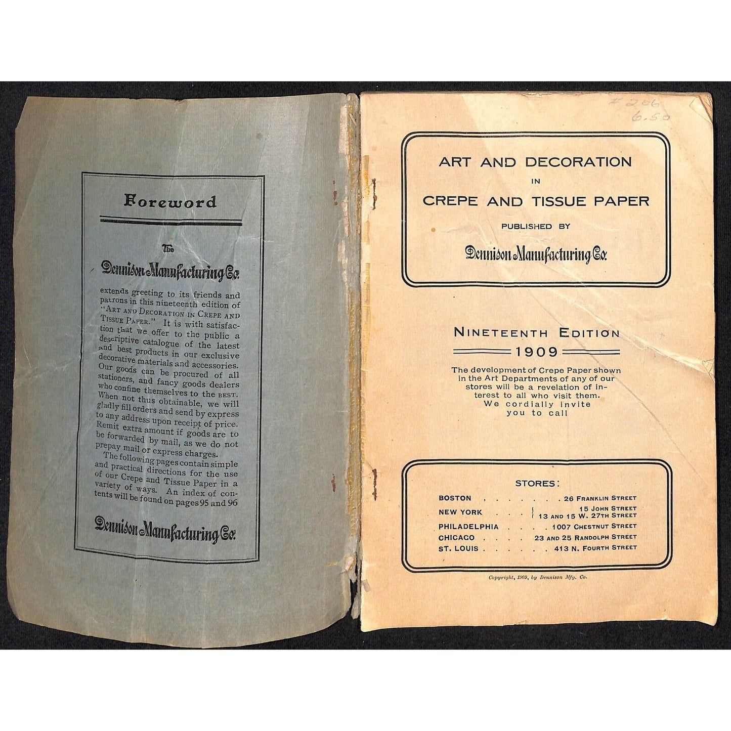 Dennison Manufacturing Crepe and Tissue Paper 1909 Catalog w/ Prices 95pp Scarce