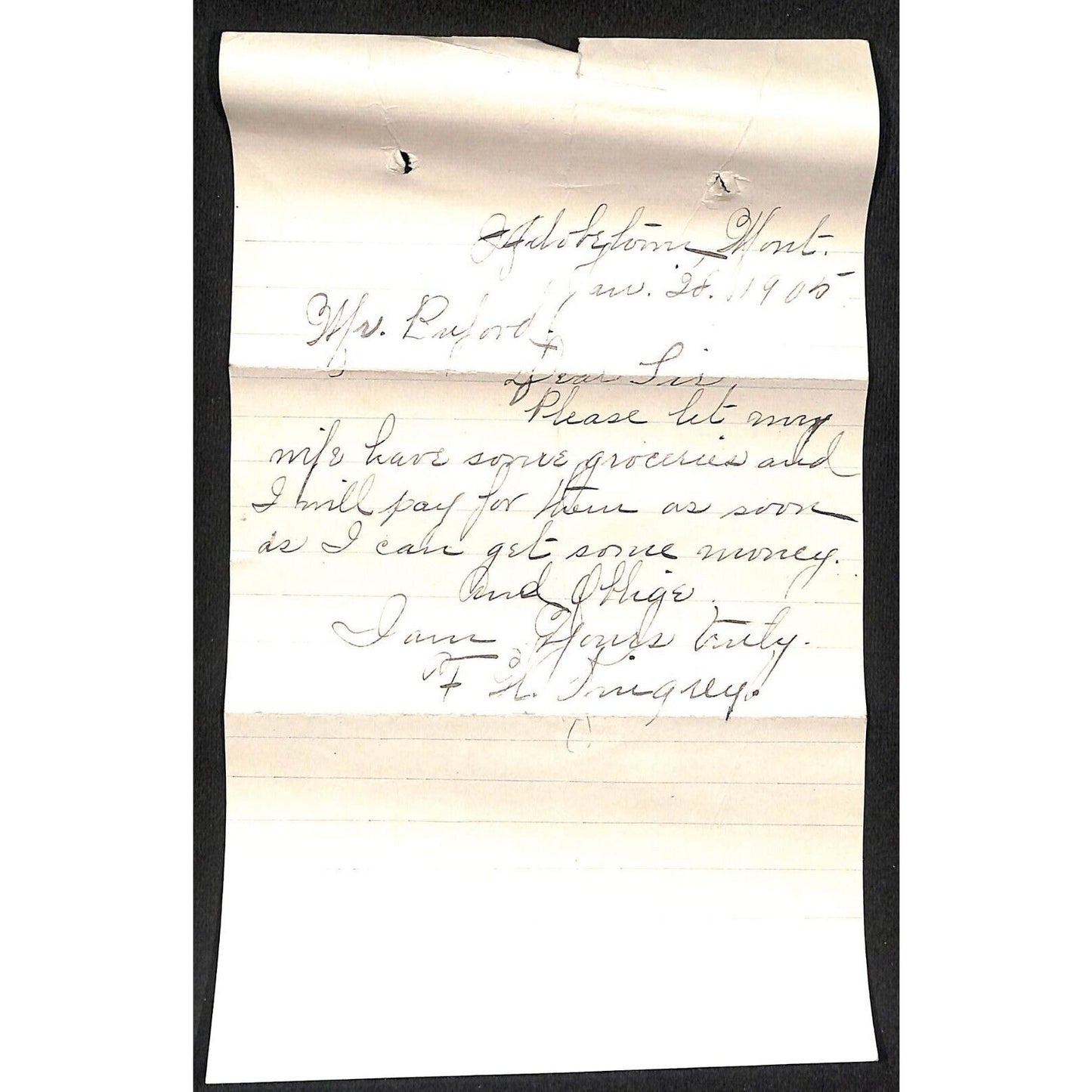 1905 Note to S.R. Buford, Virginia City "Please Let My Wife Have Some Groceries"