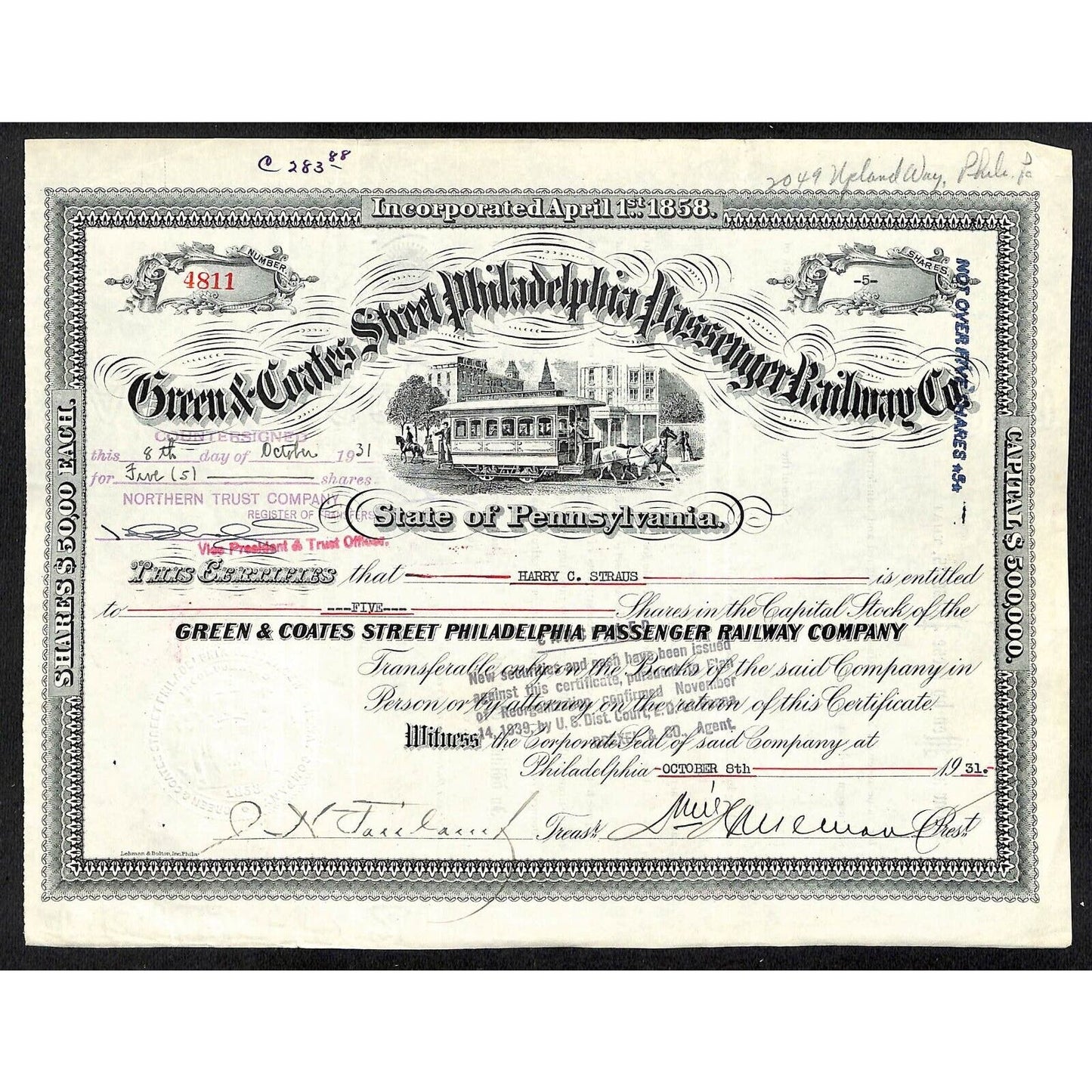Green & Coates Street Philadelphia Passenger RY 1931 Stock Certificate #4811