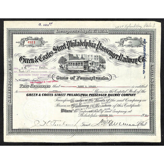 Green & Coates Street Philadelphia Passenger RY 1931 Stock Certificate #4811