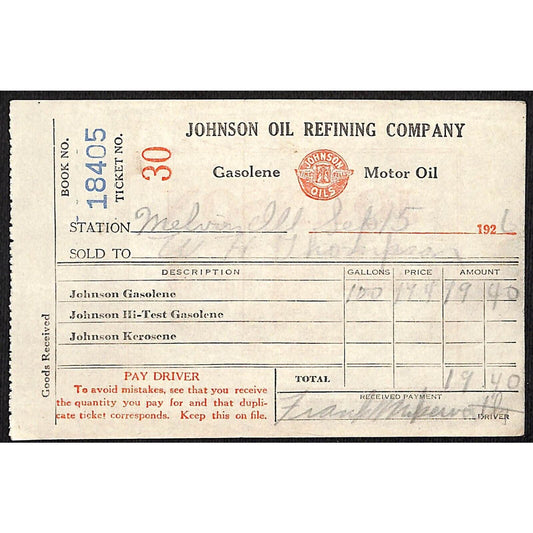 Johnson Oils Gasoline Kerosene 1926 W. H. Thompson Melvin IL #30 Station Receipt