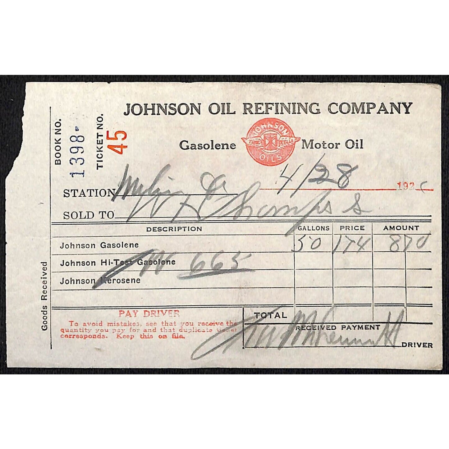 Johnson Oils Gasoline Kerosene 1926 W. H. Thompson Melvin IL Station Receipt #45