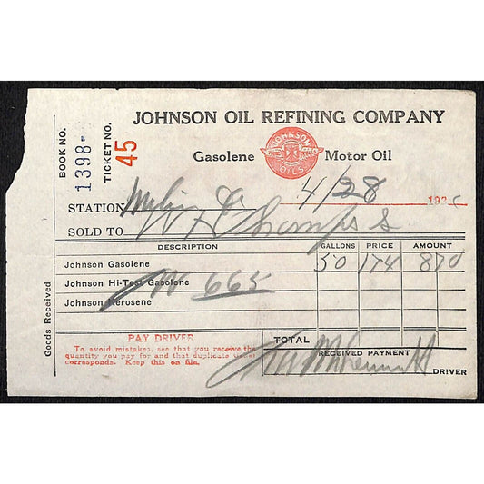 Johnson Oils Gasoline Kerosene 1926 W. H. Thompson Melvin IL Station Receipt #45