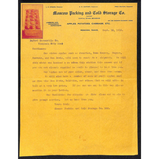 Moscow Packing and Cold Storage 1910 Letterhead to Buford* Virginia City Scarce