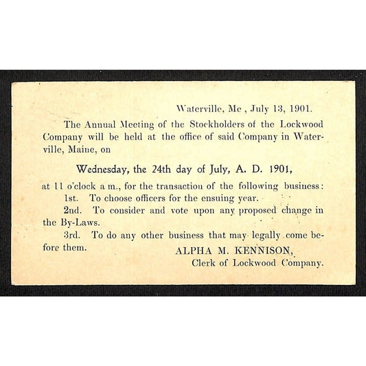 Waterville, ME Lockwood Co. 1901 Postal Card Postcard re: Stockholder's Meeting