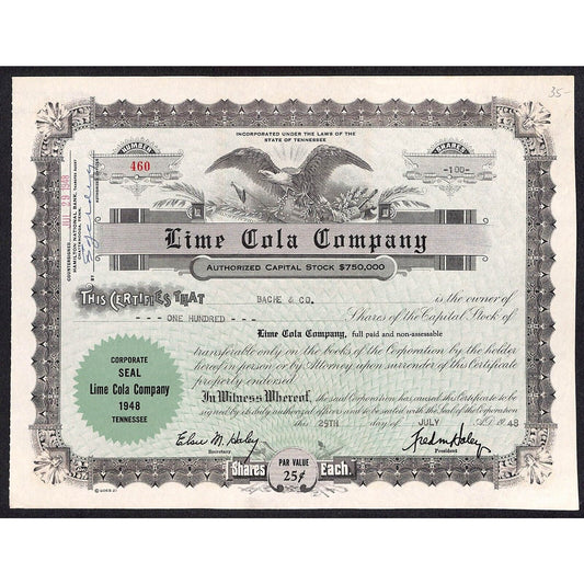 Lime Cola Company (Later, General Beverages, Inc.)* 1948 Stock Certificate #460
