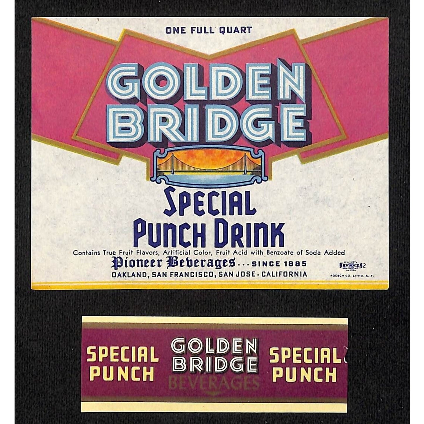 Golden Bridge Special Punch Drink Soda Label Set Pioneer Bev. Co 1940's