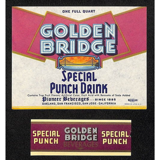 Golden Bridge Special Punch Drink Soda Label Set Pioneer Bev. Co 1940's
