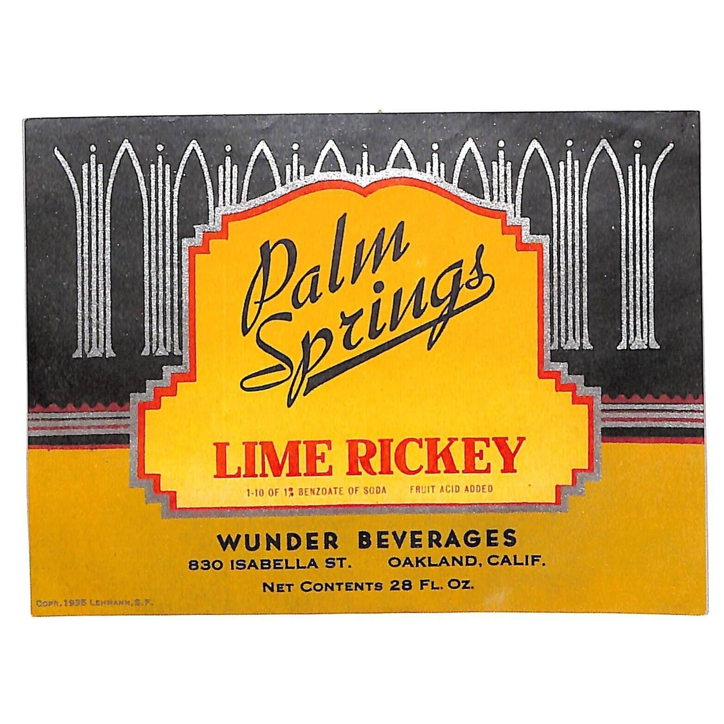 Palm Springs Lime Rickey Paper Label Wunder Bev. Oakland, CA Deco c1930's Scarce