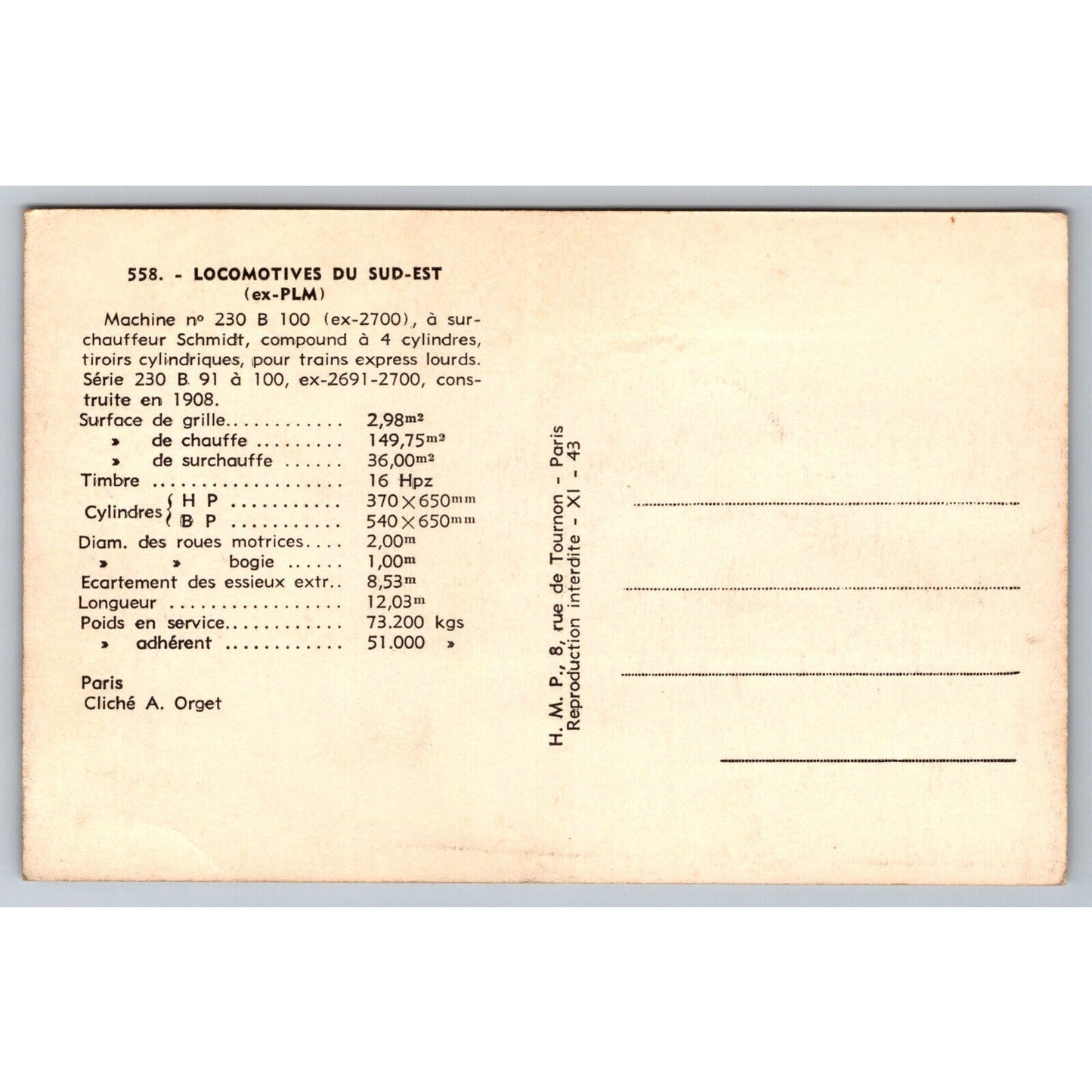 French Railroad RPPC* Postcard Machine 230 B100 Series 230 B91-100 c1900 H.M.P.