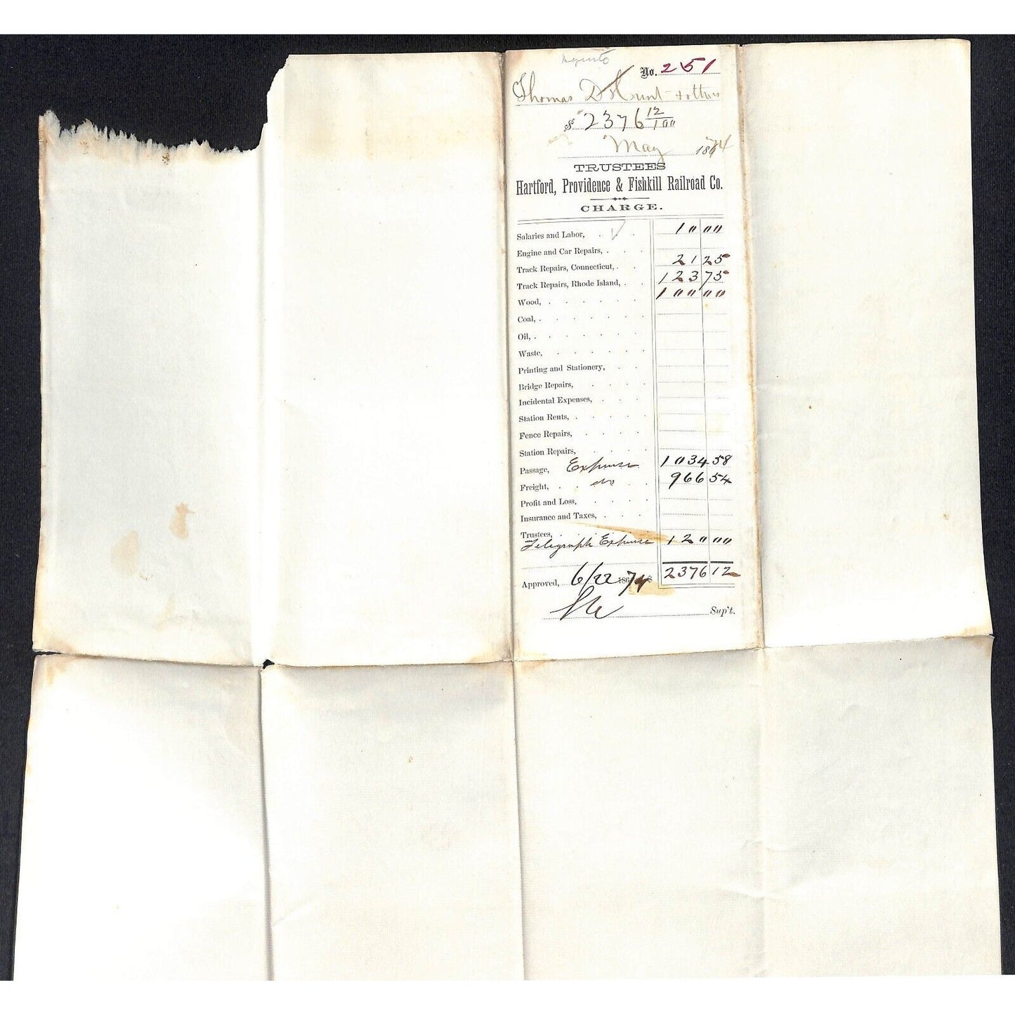 Hartford Providence Fishkill Railroad 1874 Pay Roll Sheet w/ 55 Signatures