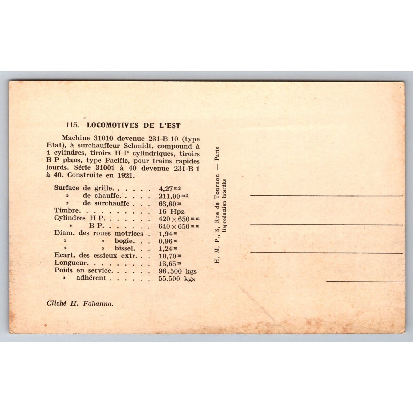 French Railroad RPPC* Postcard Machine 31010 Series 31001-40 c1921 H.M.P.