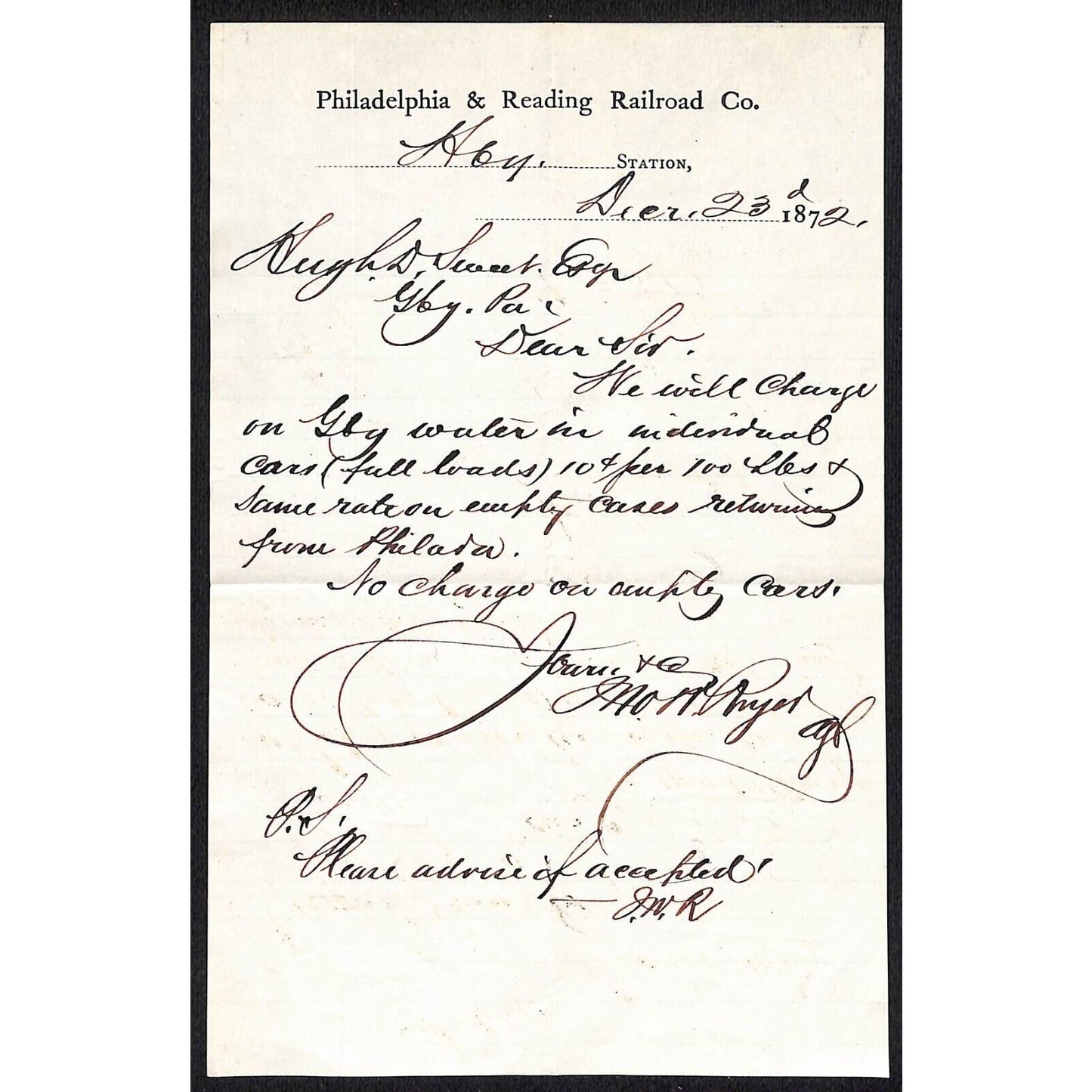 Pennsylvania and Reading Railroad 1872 ALS re: Freight "Water 10c per 100 lbs"