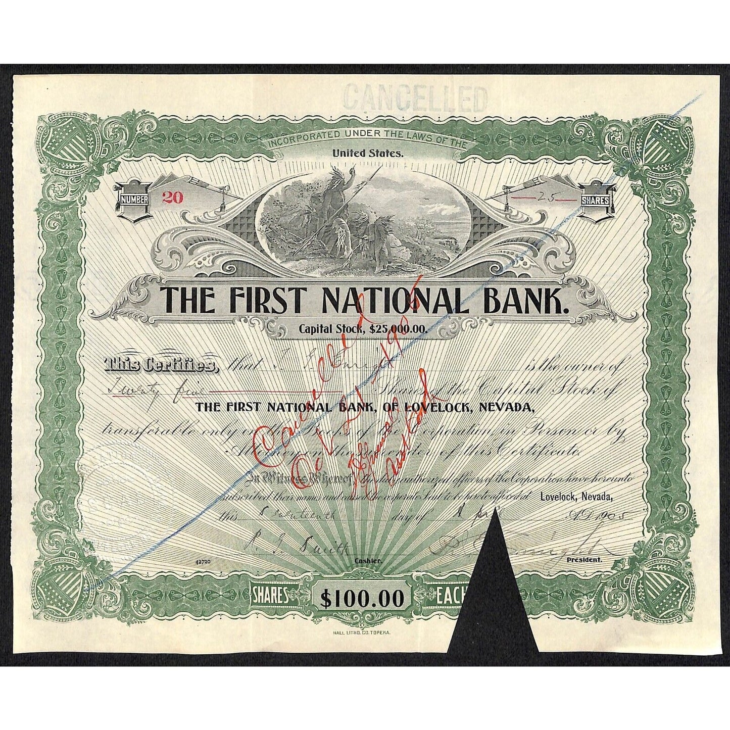 First National Bank of Lovelock, NV 1905 Stock Certificate to P.J. Enright * #20