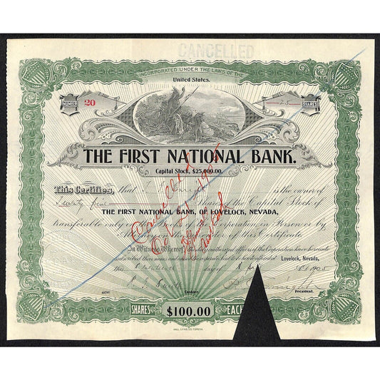 First National Bank of Lovelock, NV 1905 Stock Certificate to P.J. Enright * #20