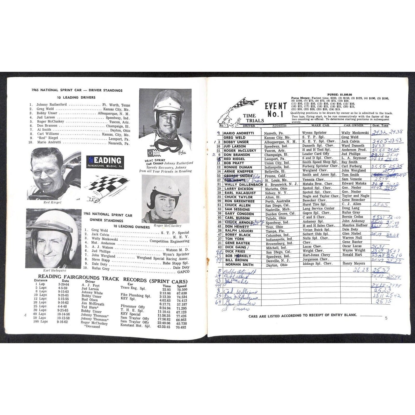 Reading Fairgrounds 1966 USAC Auto Races Program Sprint Car Mario 8pp*