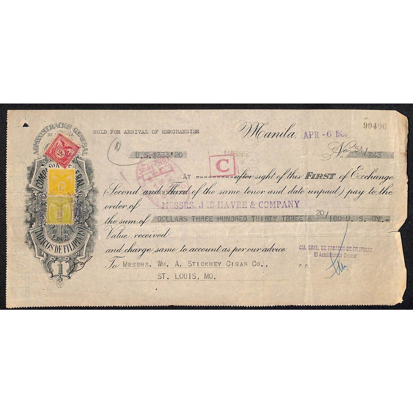 1935 Manila J.B. Harve & Co. / Stickney Cigar Co. First of Exchange #904