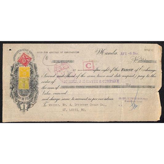 1935 Manila J.B. Harve & Co. / Stickney Cigar Co. First of Exchange #904