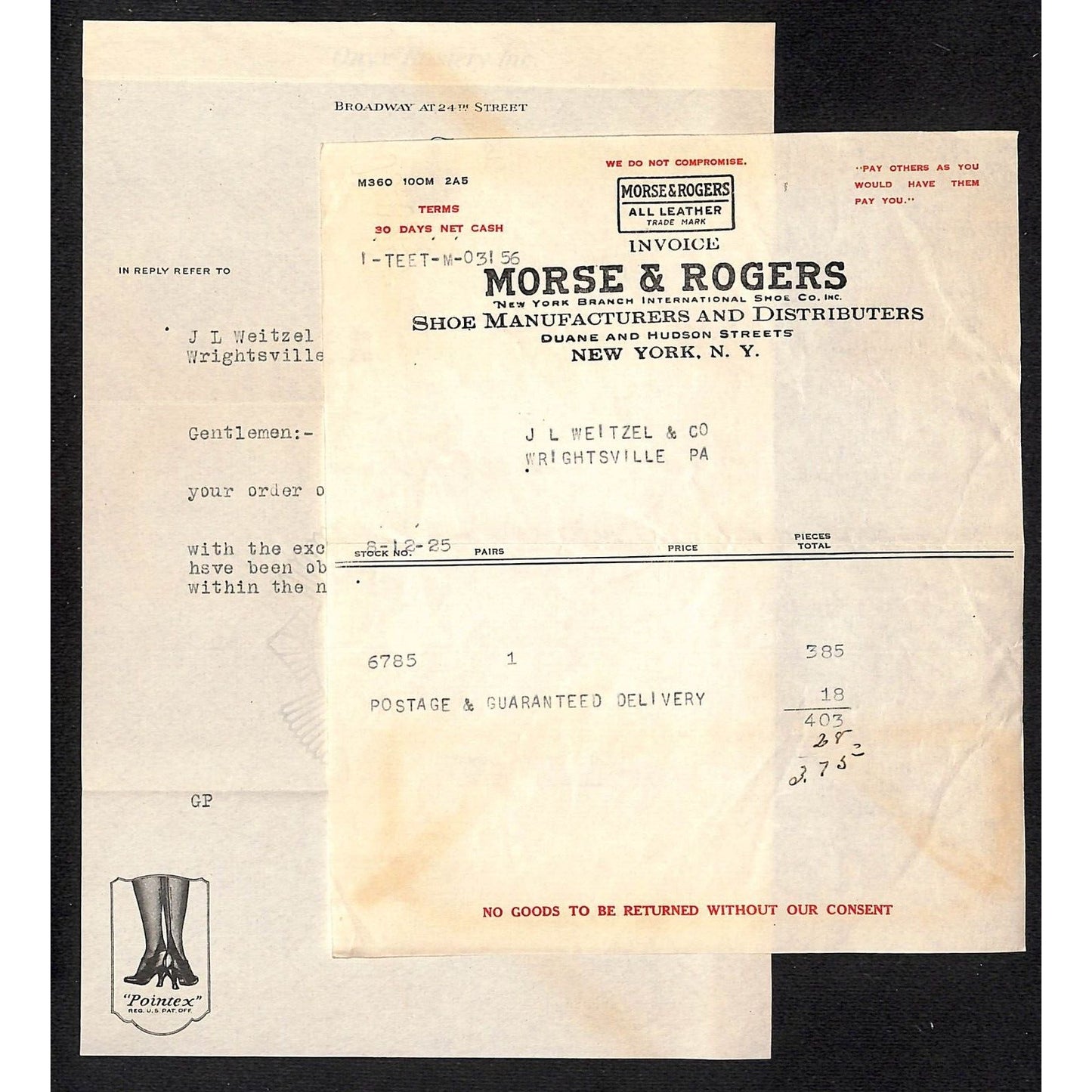 Morse & Rogers Shoes / J.L. Weitzel Wrightsville, PA 1925 Billheads Ink Blotter