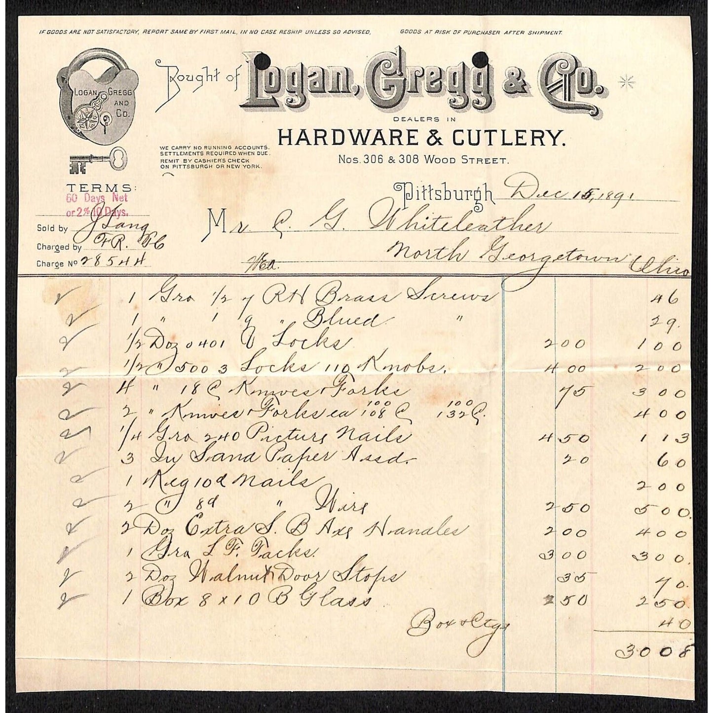 Logan, Gregg & Co. Pittsburgh 1891 Billhead Whiteleather* N. Georgetown OH