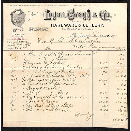 Logan, Gregg & Co. Pittsburgh 1891 Billhead Whiteleather* N. Georgetown OH