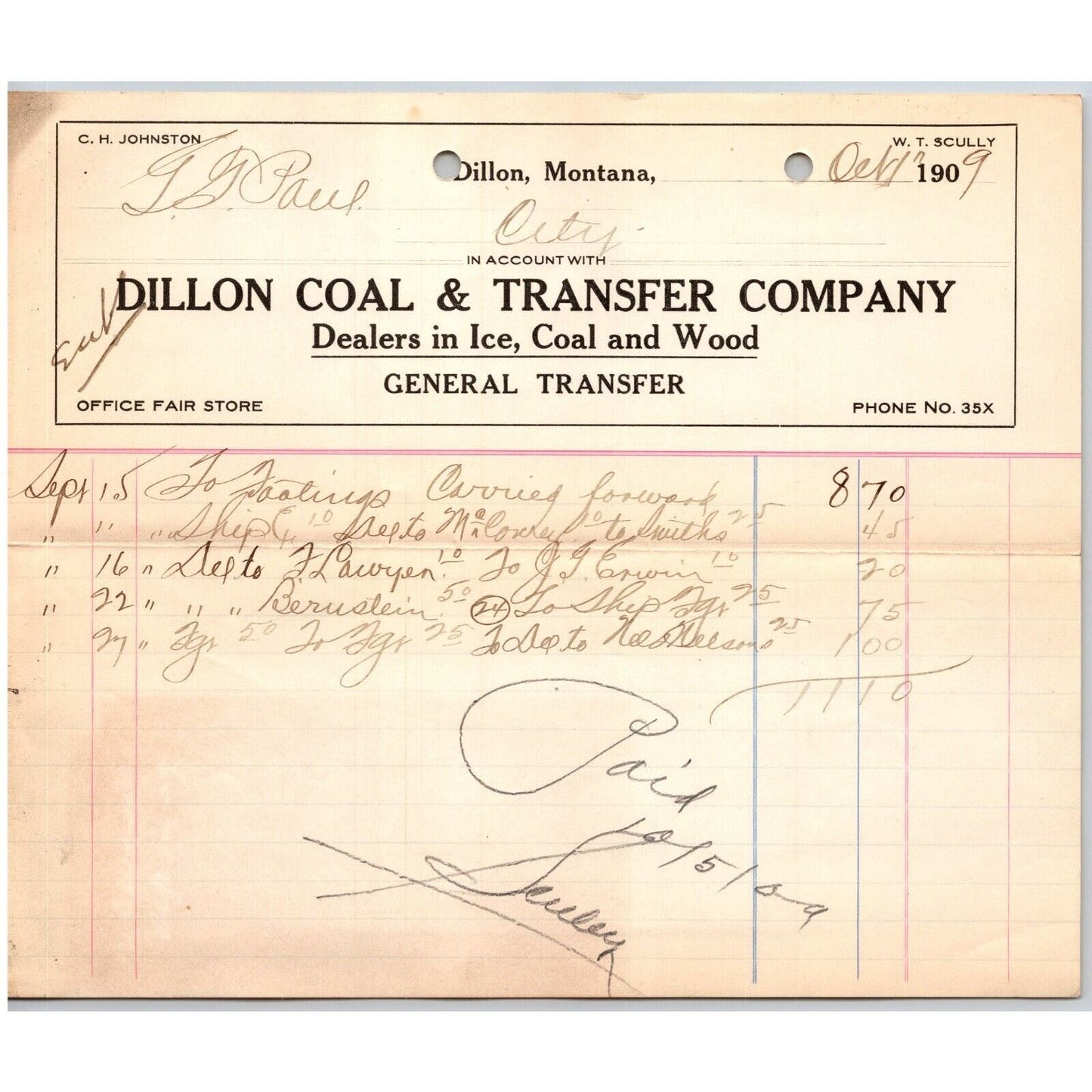 Dillon, MT Dillon Coal & Transfer Co Ice Wood 1909 Billhead G.T. Paul*