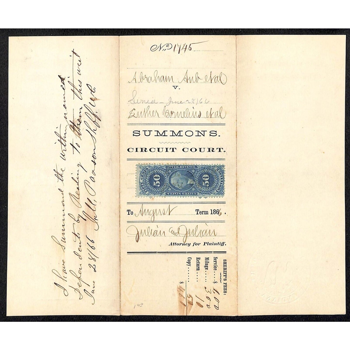 1866 Indiana State Circuit Court Summons Legal Document VGC w/ Rev Stamp