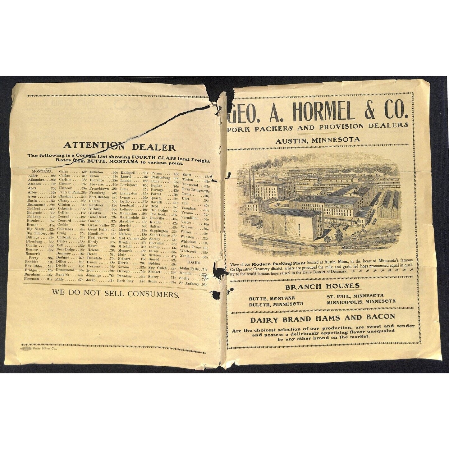 Geo. A. Hormel Pork Packers Austin, MN 1907 Whsle Price Sheet - Very Scarce