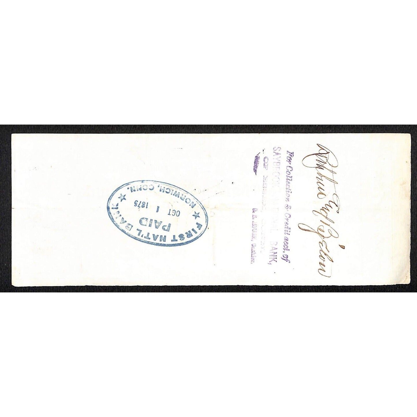 James A. Bill* 1875 Thames National Bank Lyme CT on Rev Stamp Check Stock (#30)