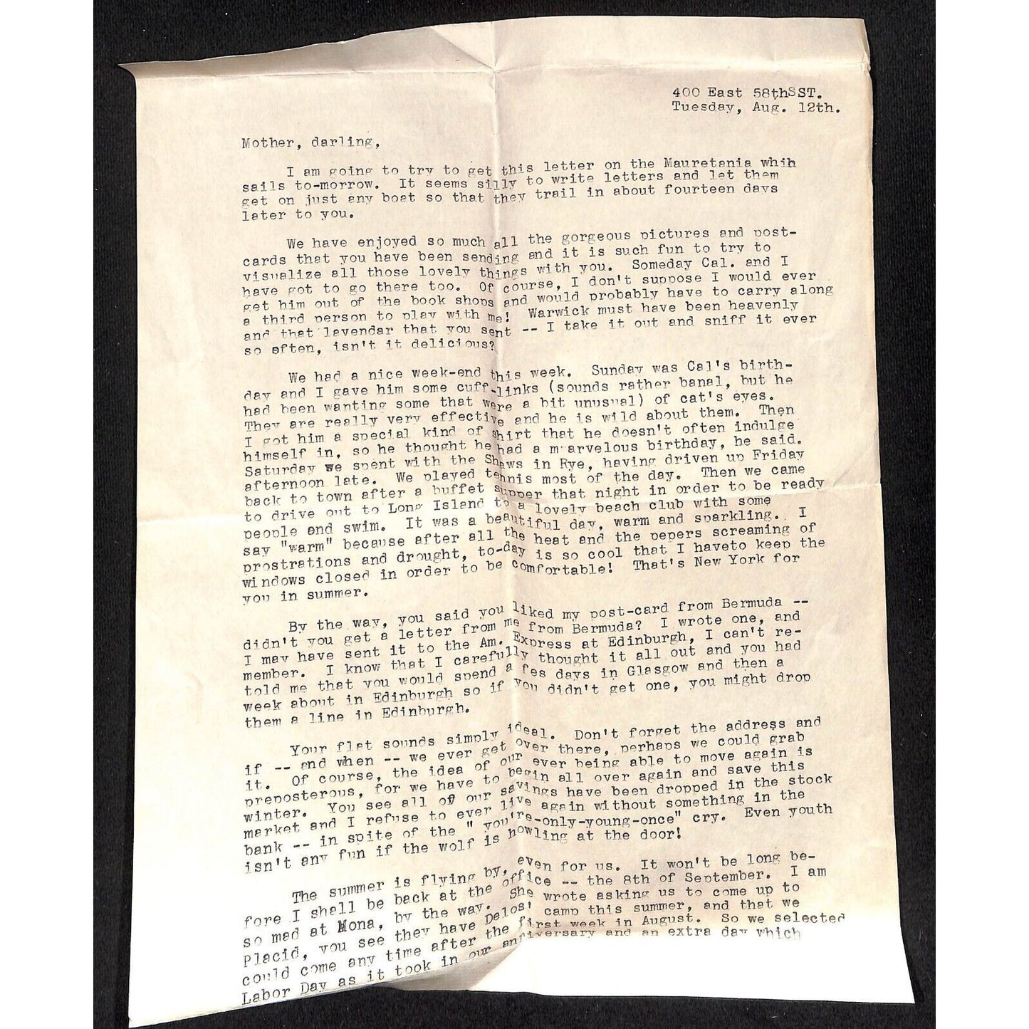 1933? "Mother, darling" TLS Correspondence Cunard Line S.S. Mauretania