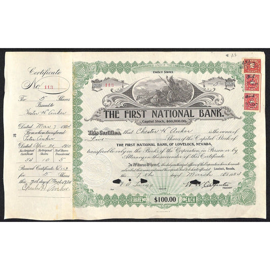 First National Bank of Lovelock, NV 1924 Stock Certificate to Chester A. Anker *