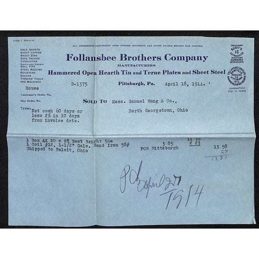 Follandsbee Brothers Co. Tin Terne 1915 Billhead Samuel Wang* N. Georgetown OH