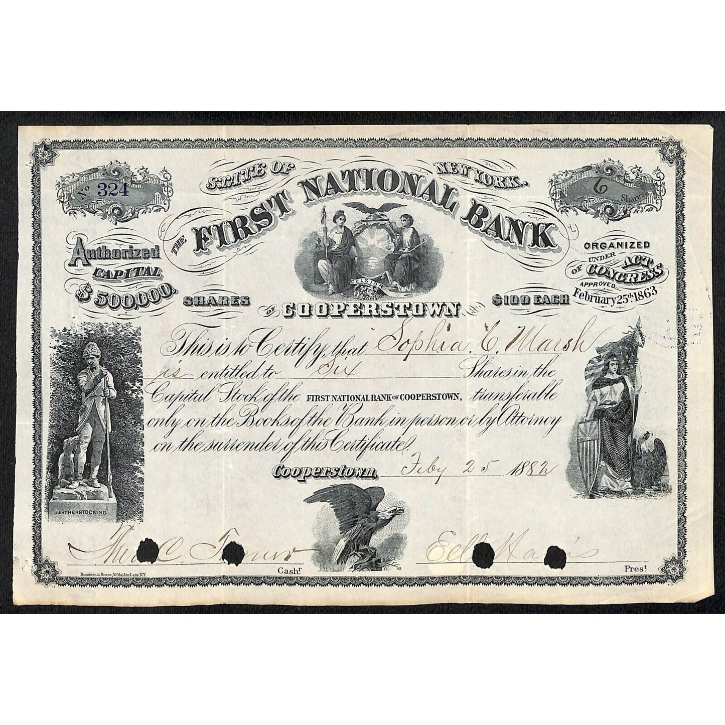 First National Bank of Cooperstown 1882 Stock Certificate Sophia C. Marsh