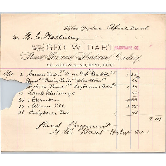 Dillon, MT Geo. W. Dart April 1888 Billhead Glassware Tinware R.C. Halliday*