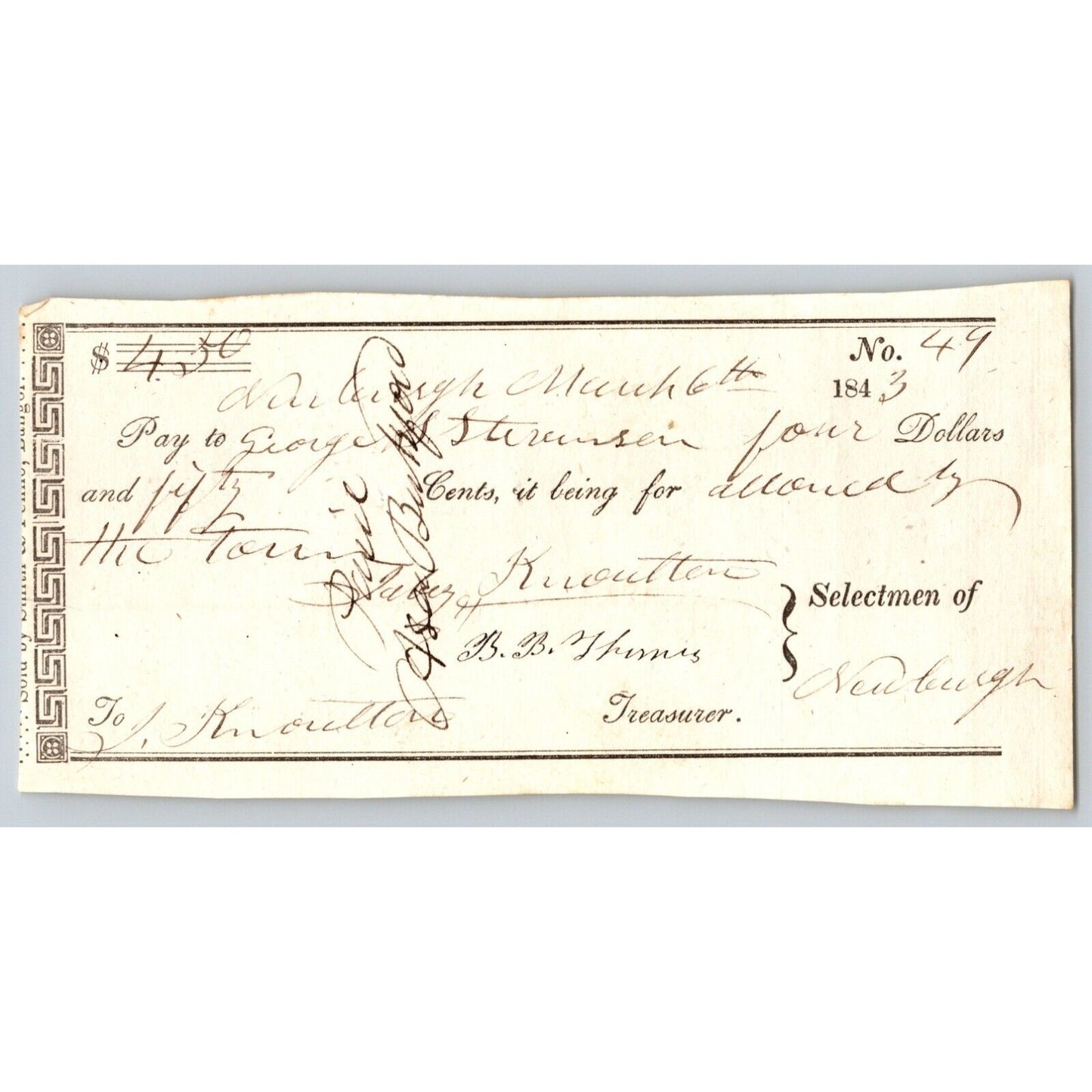 1843 Jabez Knowlton* Newburgh, ME Town Check / Draft to George Stevenson No. 49